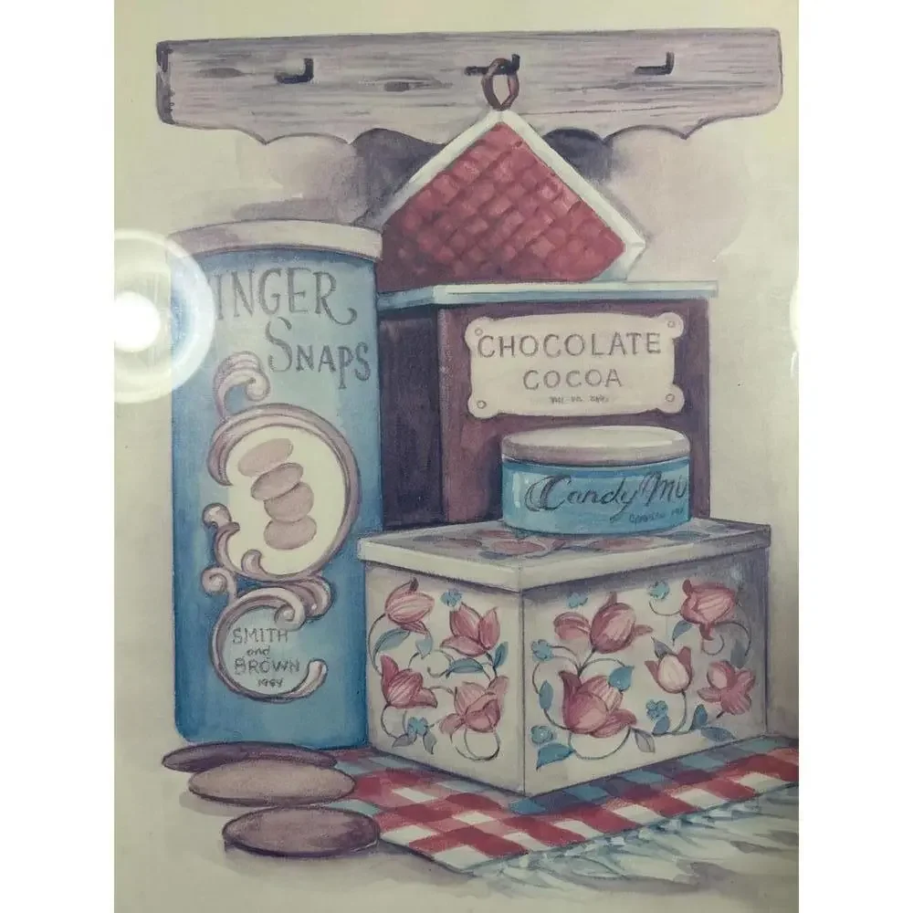 Framed art print,still life of kitchen canisters on a shelf